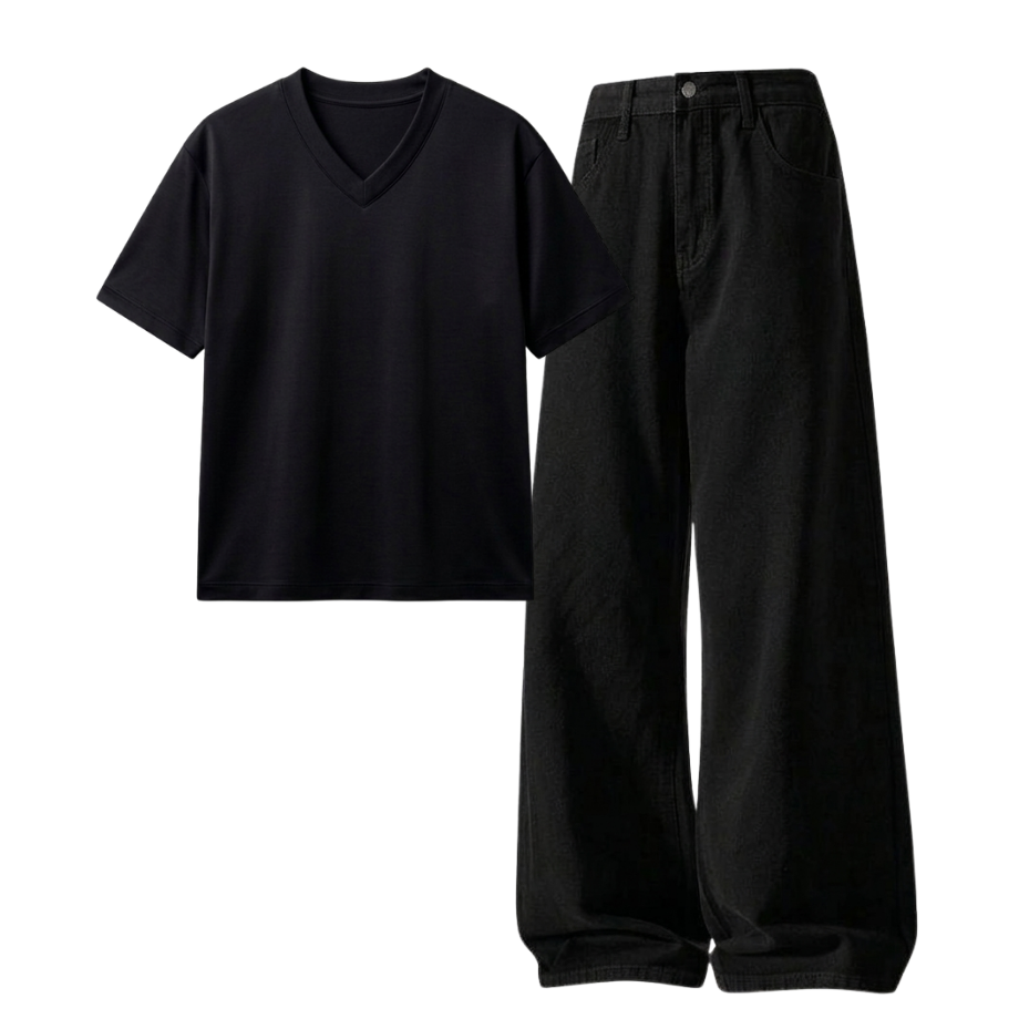 Black Wide-Leg Baggy Jeans With V-Neck T-Shirt