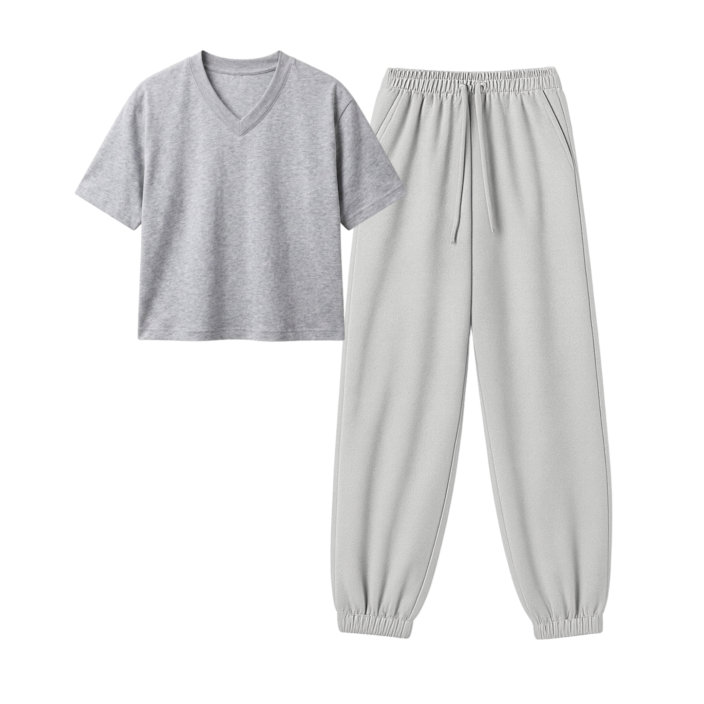 Lightgrey Sweatpant With Crop V-Neck T-Shirt
