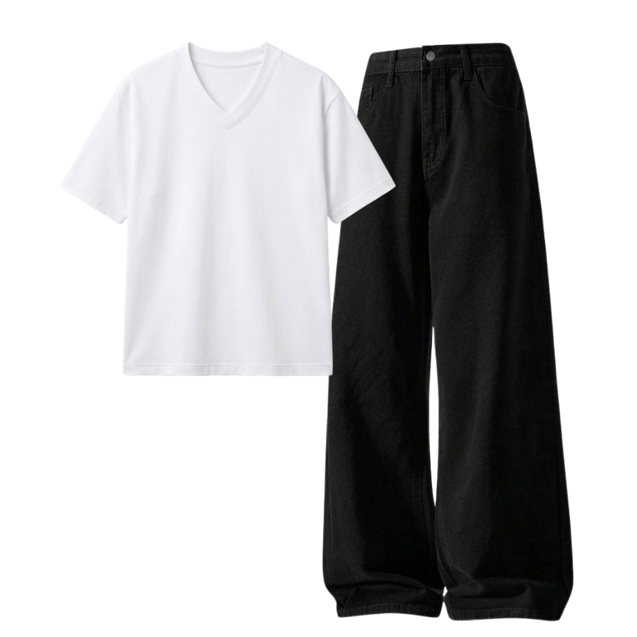 Black Wide-Leg Baggy Jeans With V-Neck T-Shirt