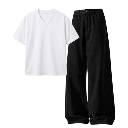 Black Wide-Leg Baggy Jeans With V-Neck T-Shirt