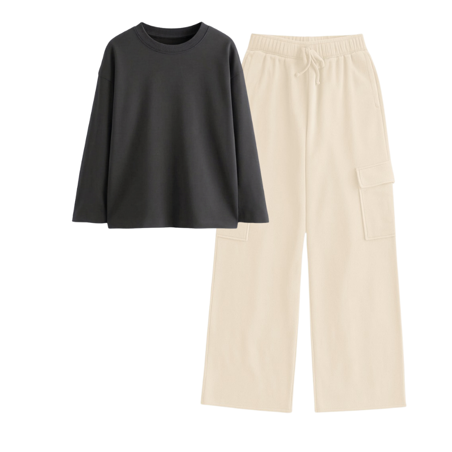 Cream Wide-Leg Cargo With Full Sleeves T-Shirt