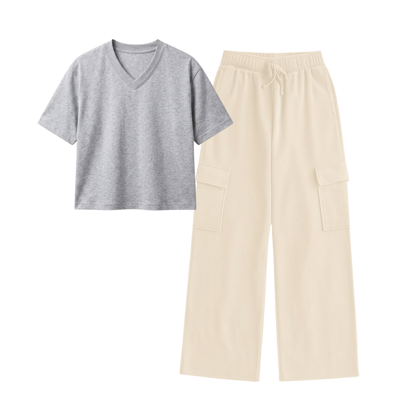 Cream Wide-Leg Cargo With Crop V-Neck T-Shirt