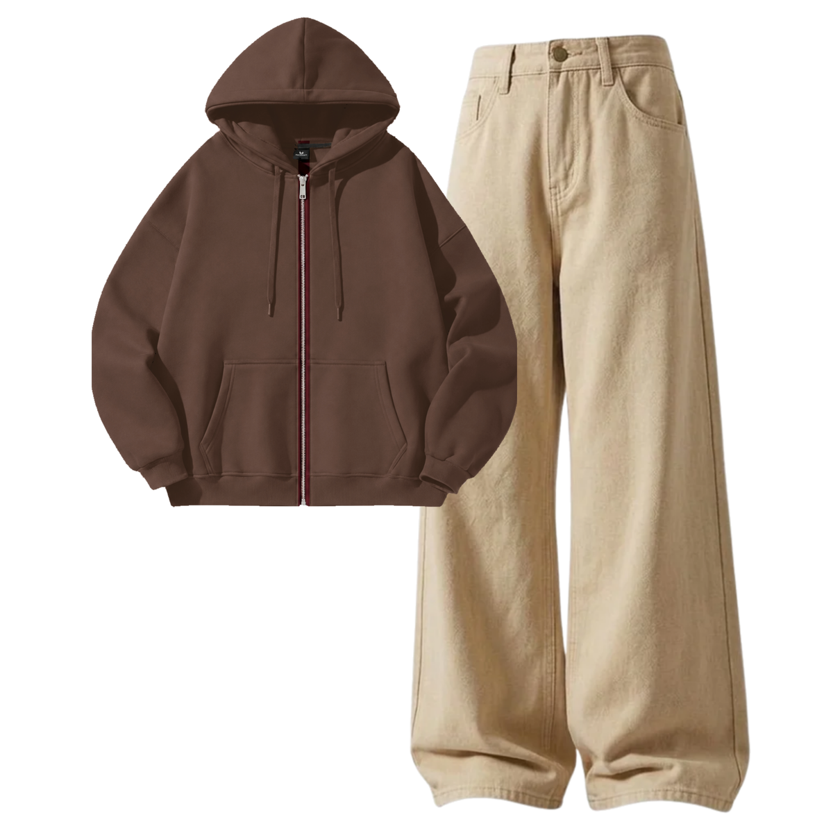 Beige Baggy Jeans With Zipper