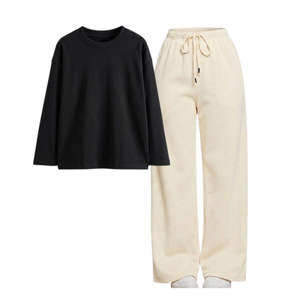 Beige Wide-Leg Trouser With Full Sleeves T-Shirts