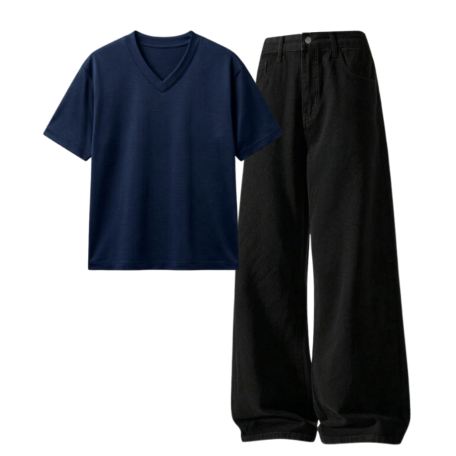 Black Wide-Leg Baggy Jeans With V-Neck T-Shirt