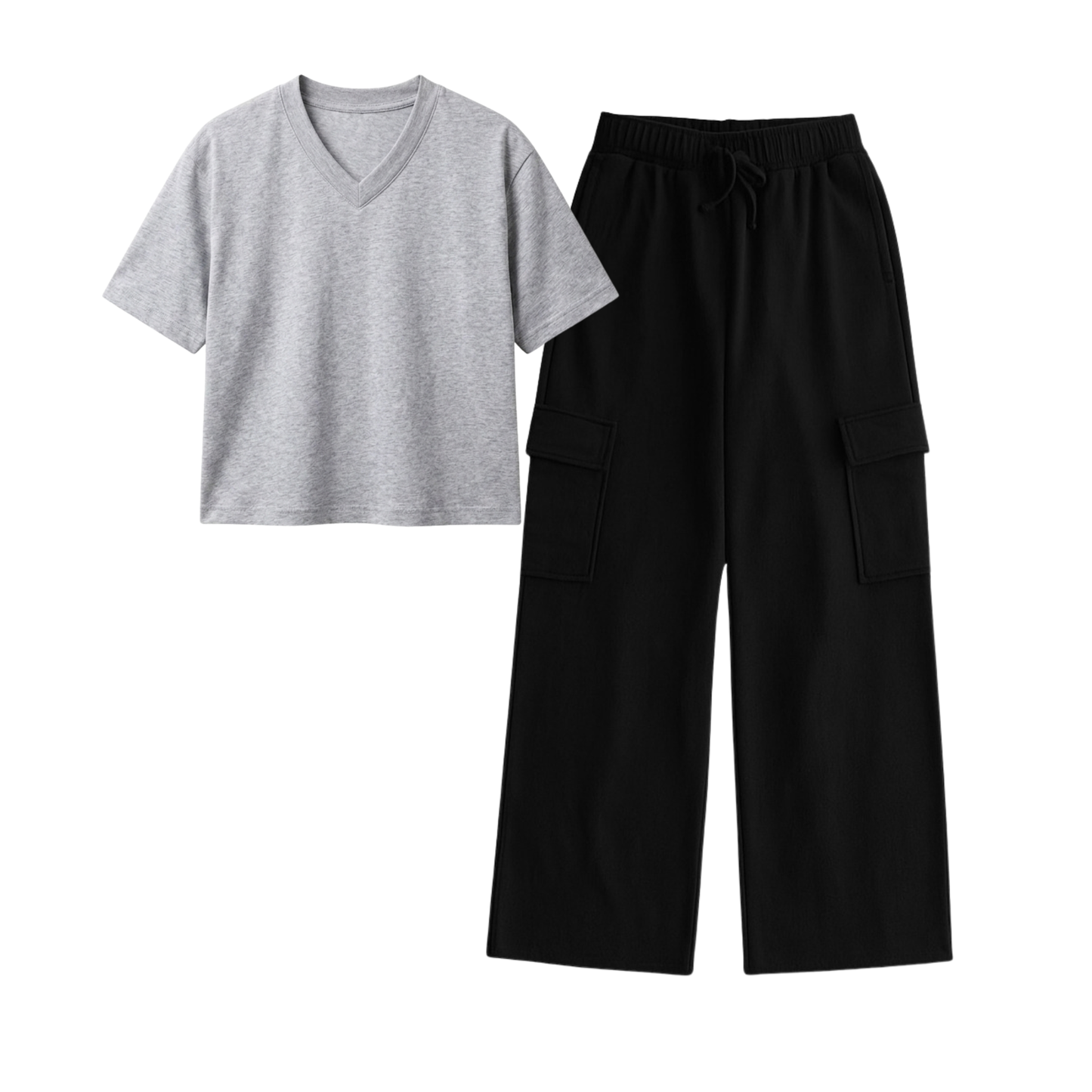 Black Wide-Leg Cargo With Crop V-Neck T-Shirt