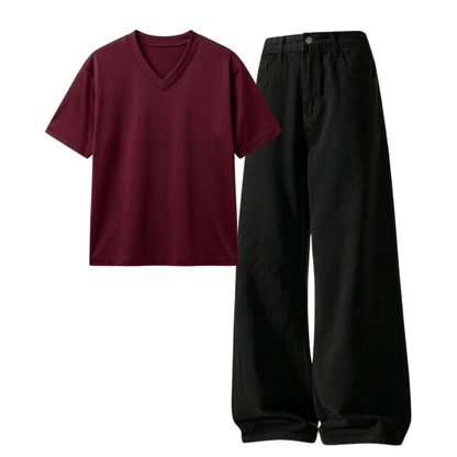 Black Wide-Leg Baggy Jeans With V-Neck T-Shirt