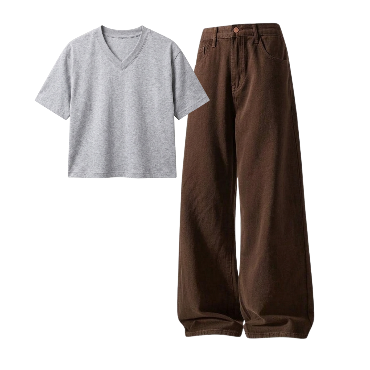 Brown Wide-Leg Baggy Jeans With Crop V-Neck T-Shirt