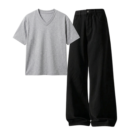 Black Wide-Leg Baggy Jeans With V-Neck T-Shirt