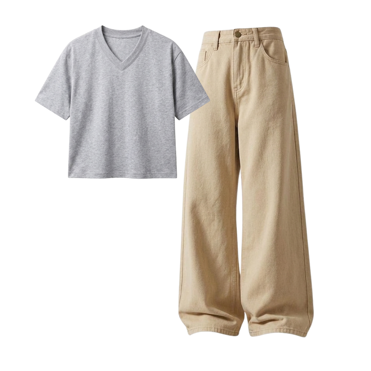 Beige Wide-Leg Baggy Jeans With Crop V-Neck T-Shirt