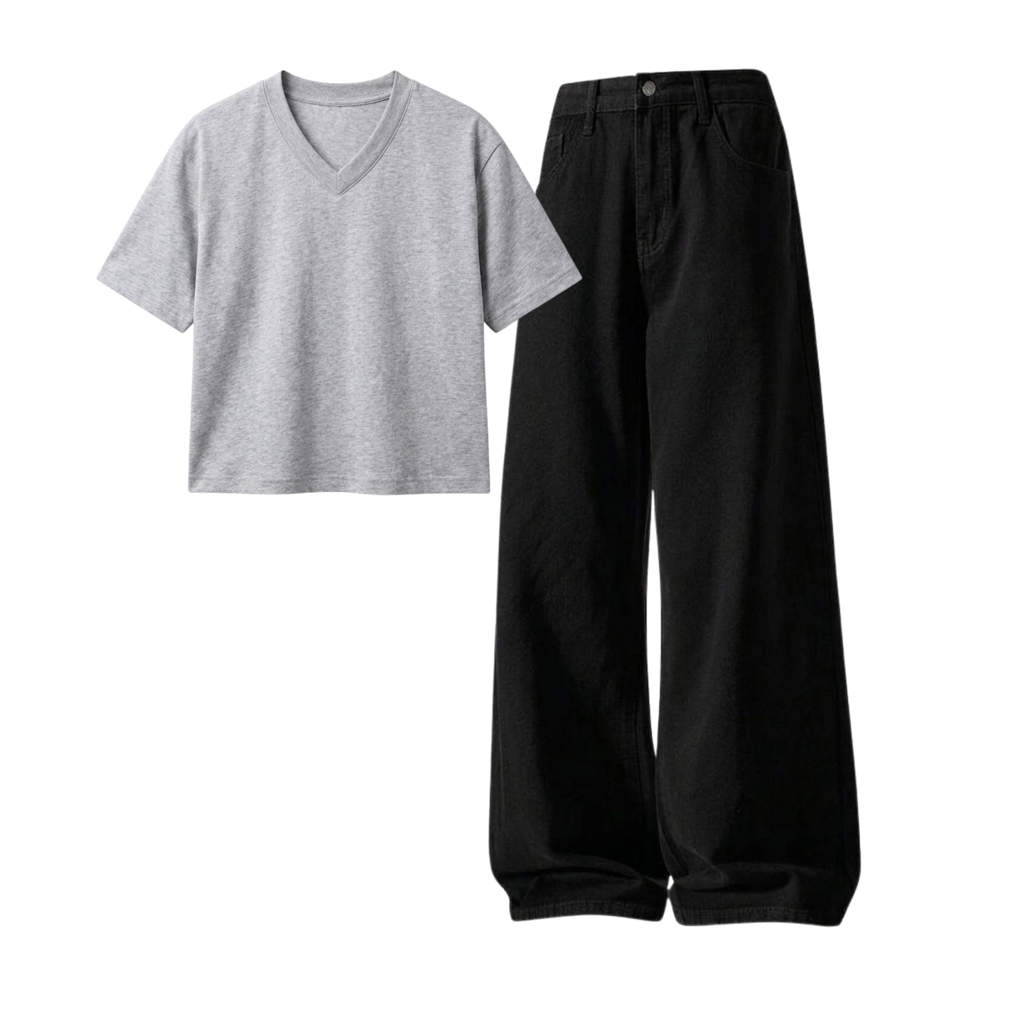 Black Wide-Leg Baggy Jeans With Crop V-Neck T-Shirt