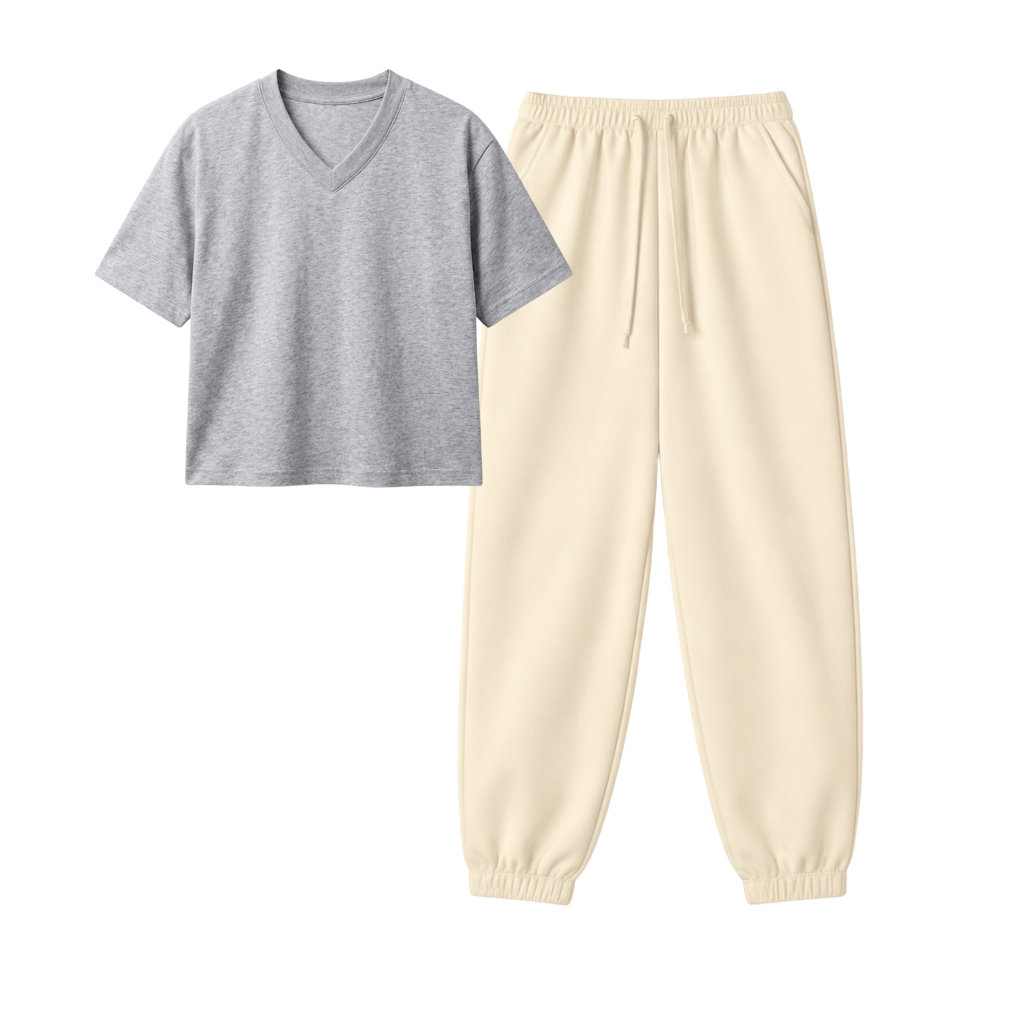 Cream Sweatpant With Crop V-Neck T-Shirt