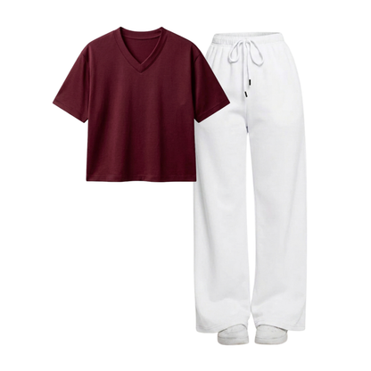 White Wide-Leg Trouser With Crop V-Neck T-Shirt