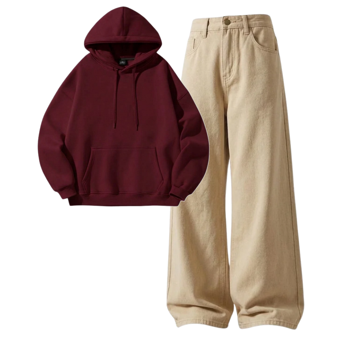 Beige Baggy Jeans With Hoodie