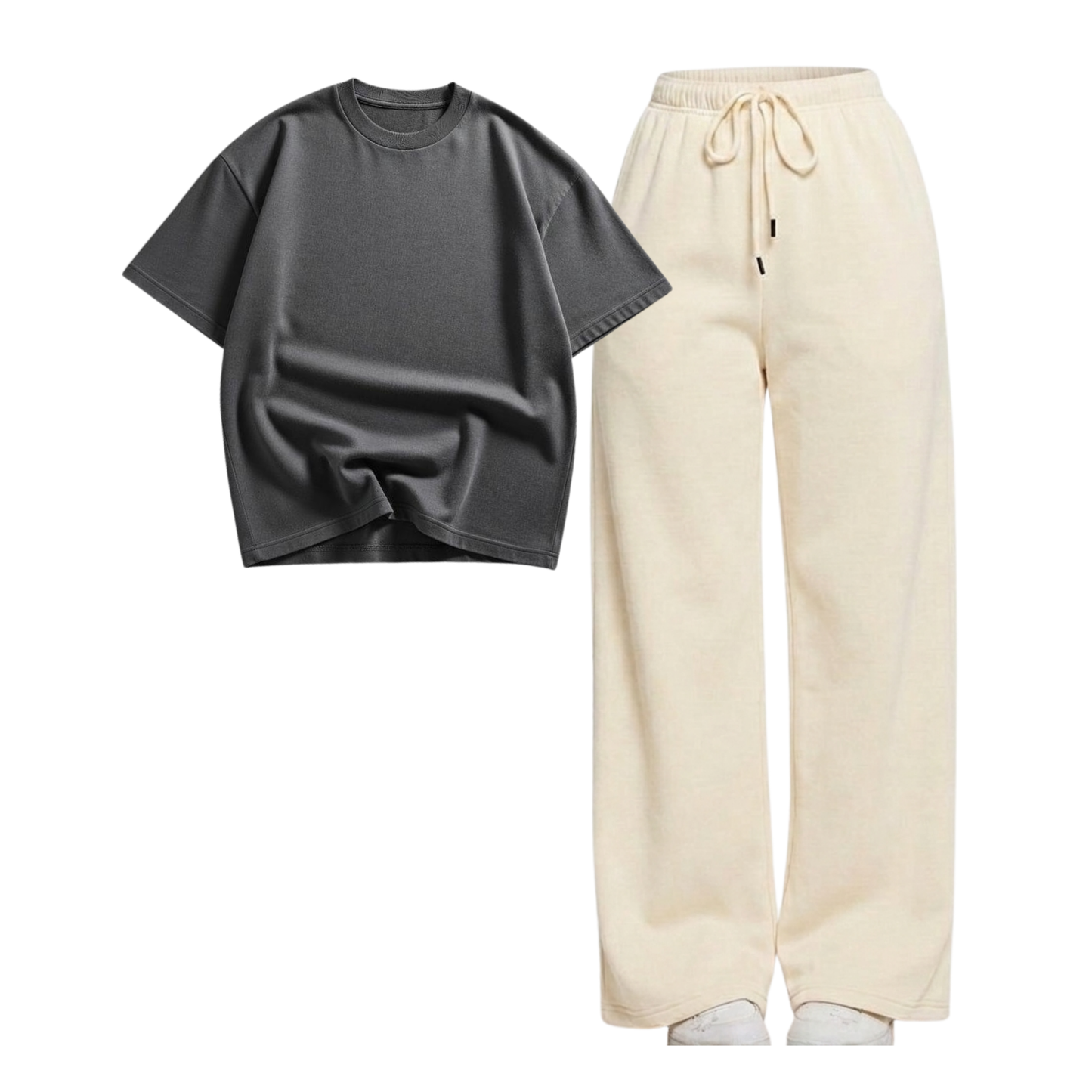 Beige Wide-Leg Trouser With Oversized Drop Shoulder T-Shirt