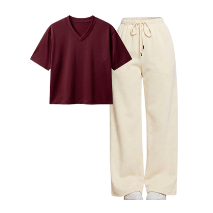 Beige Wide-Leg Trouser With Crop V-Neck T-Shirt