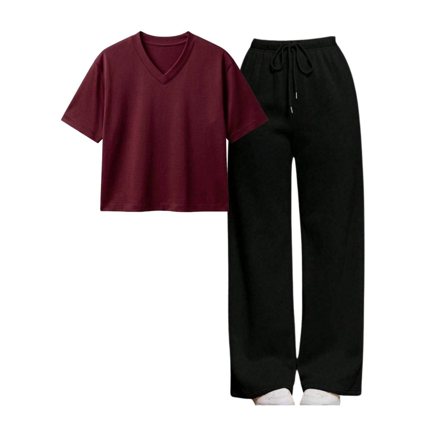 Black Wide-Leg Trouser With Crop V-Neck T-Shirt