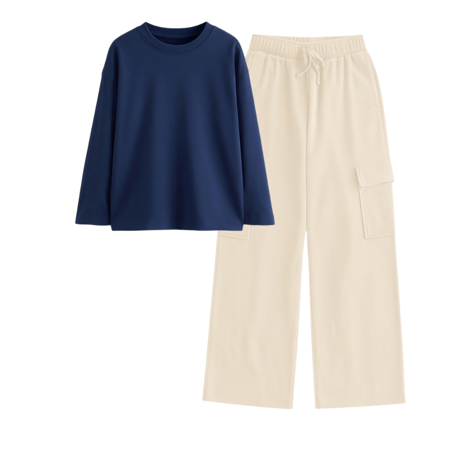 Cream Wide-Leg Cargo With Full Sleeves T-Shirt