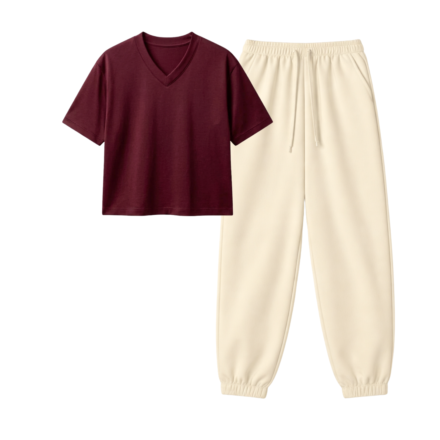 Cream Sweatpant With Crop V-Neck T-Shirt