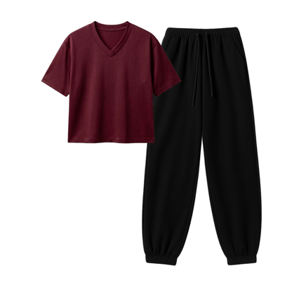 Black Sweatpant With Crop V-Neck T-Shirt
