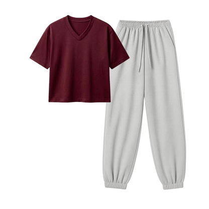 Lightgrey Sweatpant With Crop V-Neck T-Shirt