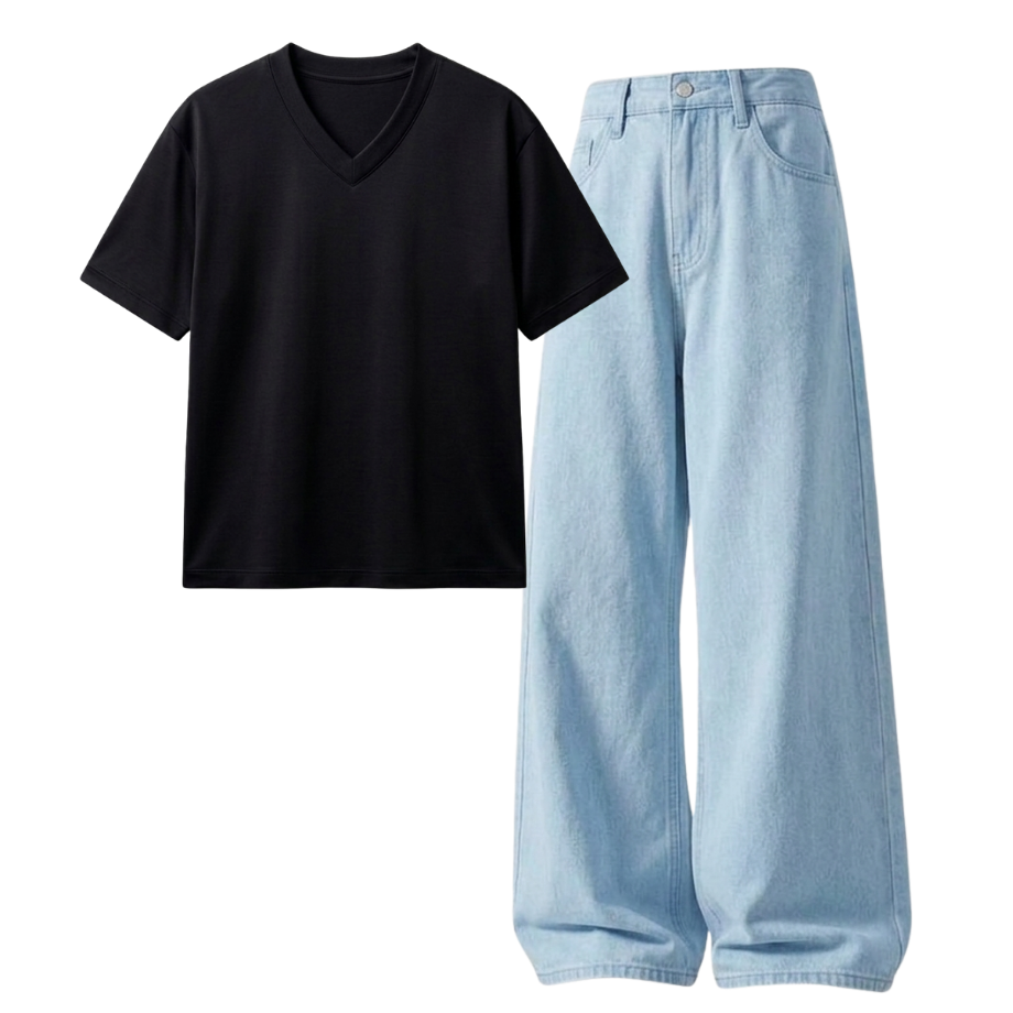 Iceblue Wide-Leg Baggy Jeans With V-Neck T-Shirt