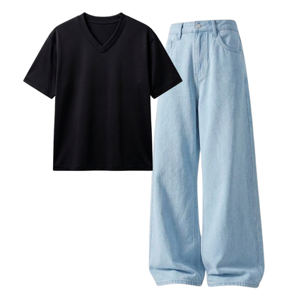 Iceblue Wide-Leg Baggy Jeans With V-Neck T-Shirt
