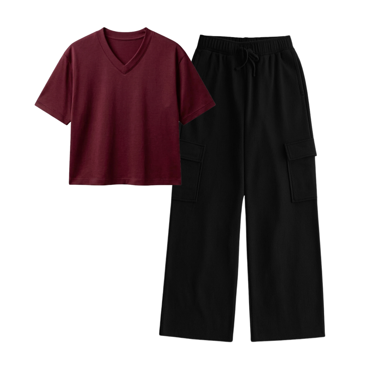 Black Wide-Leg Cargo With Crop V-Neck T-Shirt