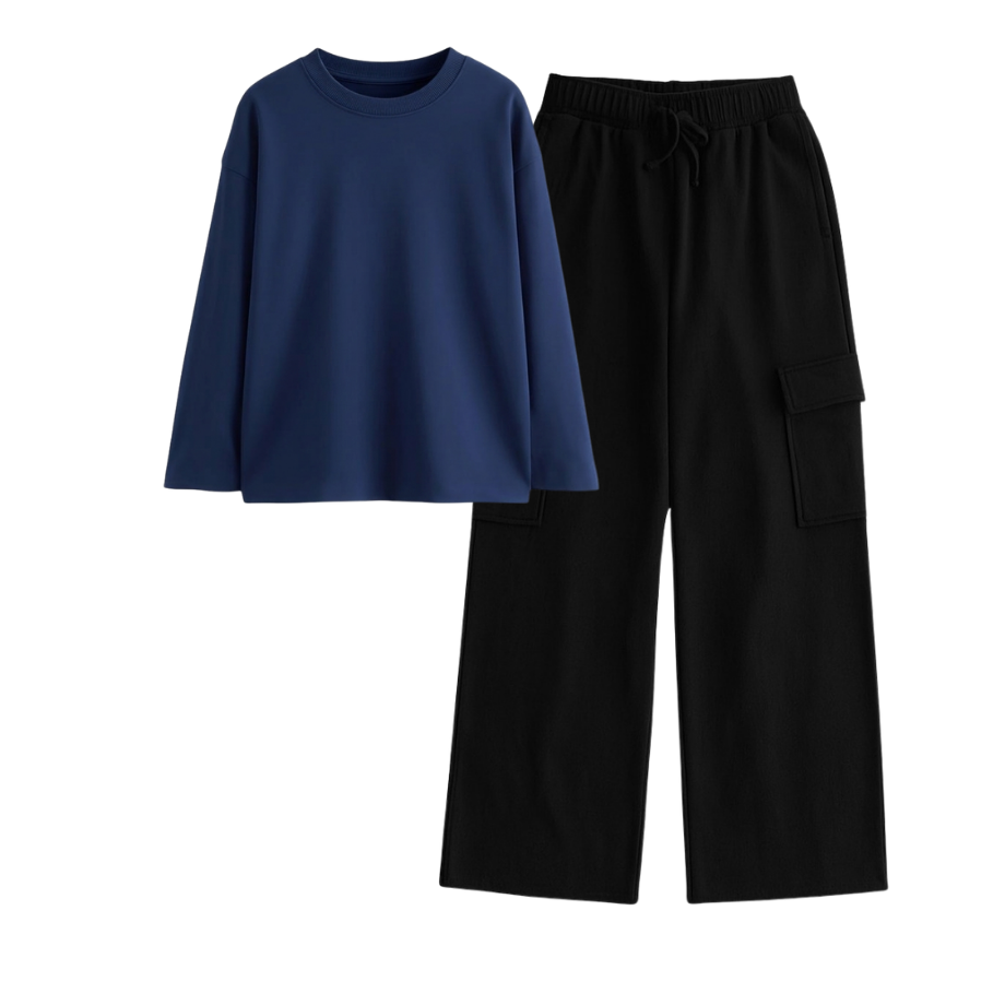Black Wide-Leg Cargo With Full Sleeves T-Shirt