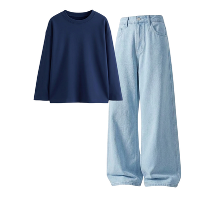 Iceblue Wide-Leg Baggy Jeans With Full Sleeves T-Shirt
