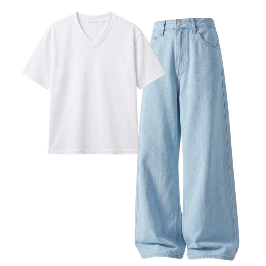 Iceblue Wide-Leg Baggy Jeans With V-Neck T-Shirt