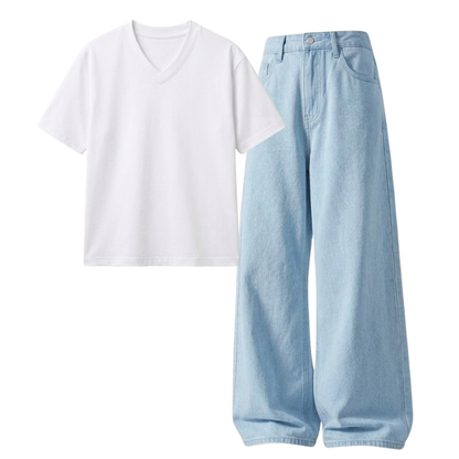 Iceblue Wide-Leg Baggy Jeans With V-Neck T-Shirt