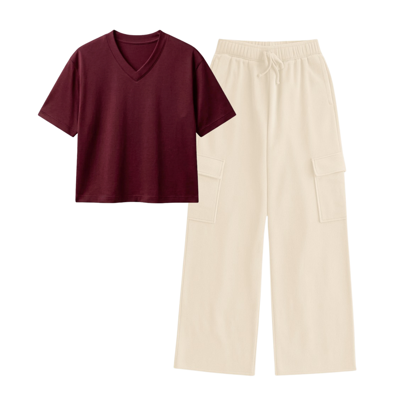 Cream Wide-Leg Cargo With Crop V-Neck T-Shirt