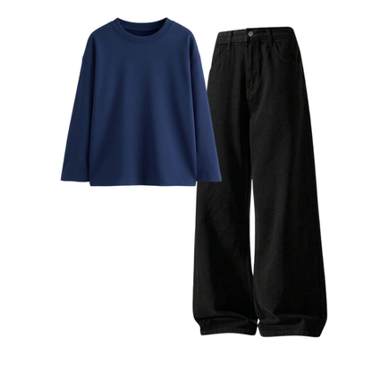 Black Wide-Leg Baggy Jeans With Full Sleeves T-Shirt