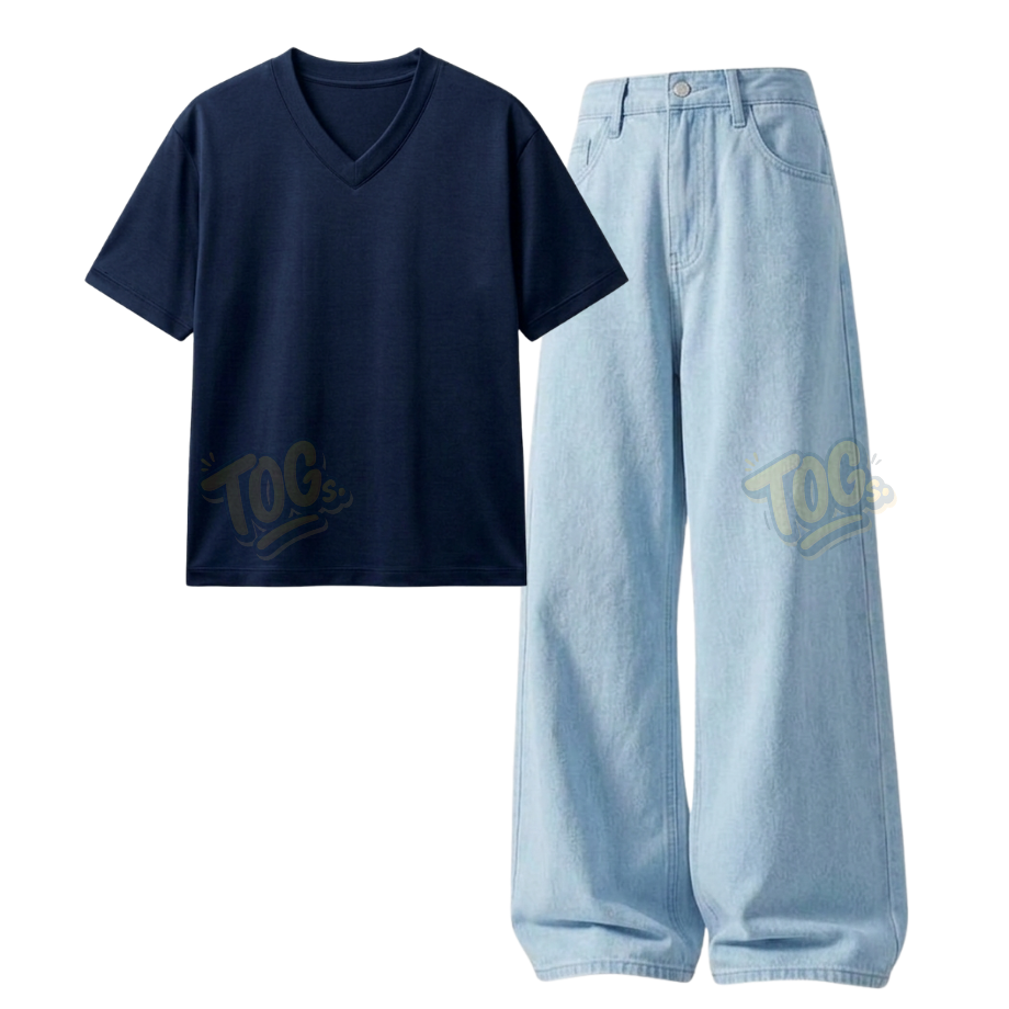 Iceblue Wide-Leg Baggy Jeans With V-Neck T-Shirt