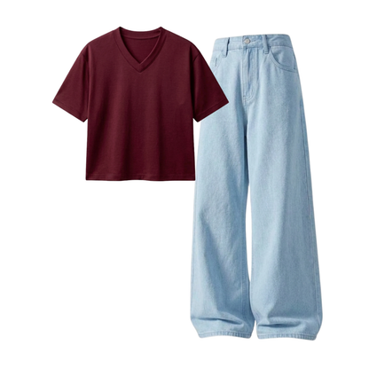 Iceblue Wide-Leg Baggy Jeans With Crop V-Neck T-Shirt