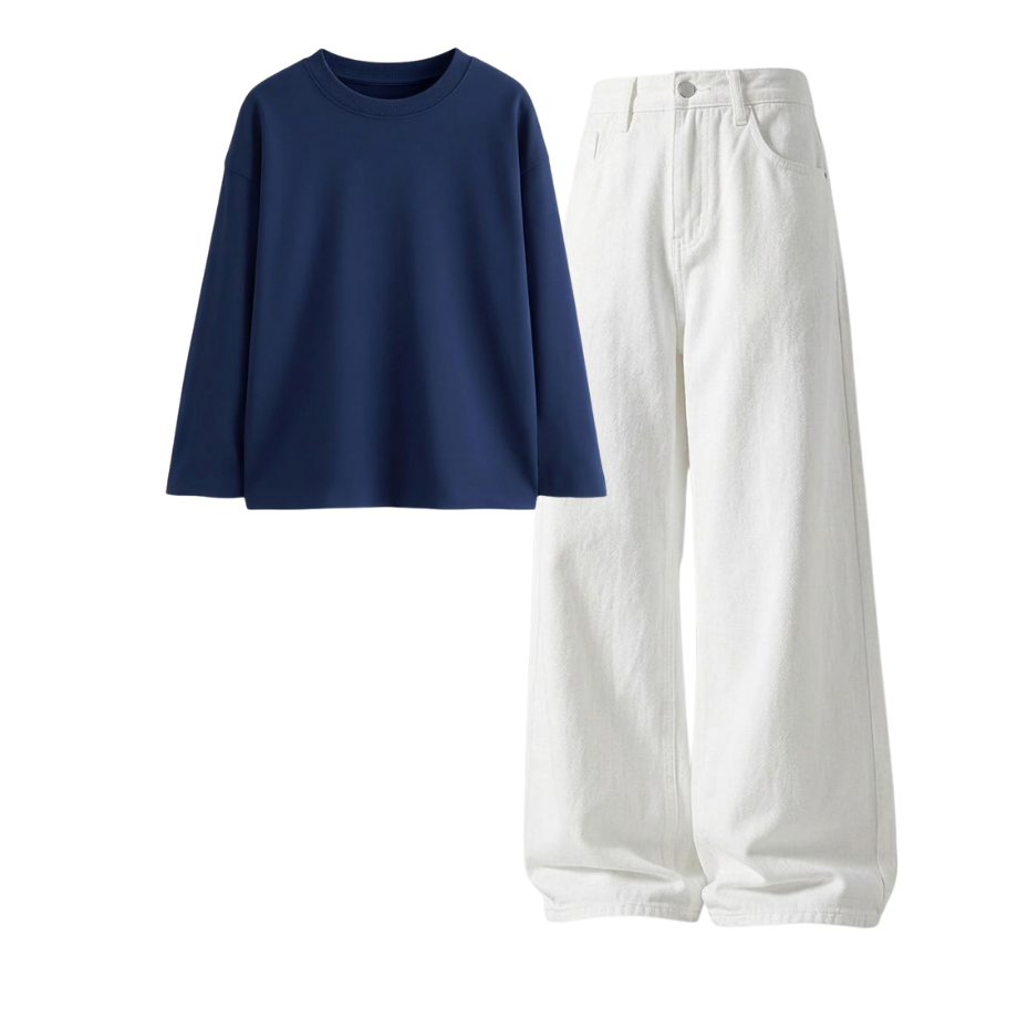 White Wide-Leg Baggy Jeans With Full Sleeves T-Shirt