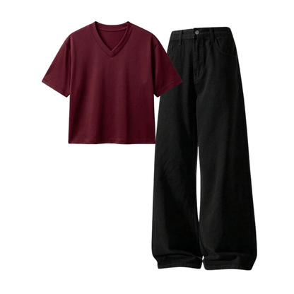 Black Wide-Leg Baggy Jeans With Crop V-Neck T-Shirt