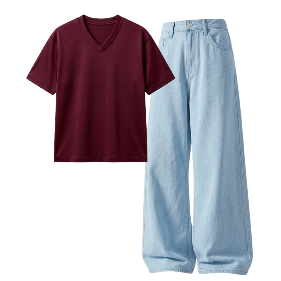 Iceblue Wide-Leg Baggy Jeans With V-Neck T-Shirt