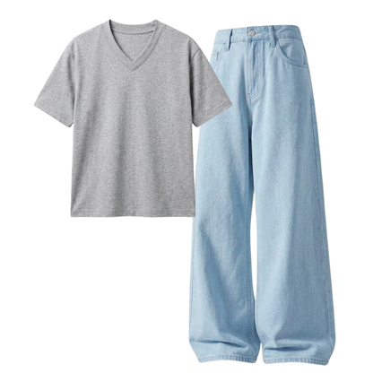 Iceblue Wide-Leg Baggy Jeans With V-Neck T-Shirt