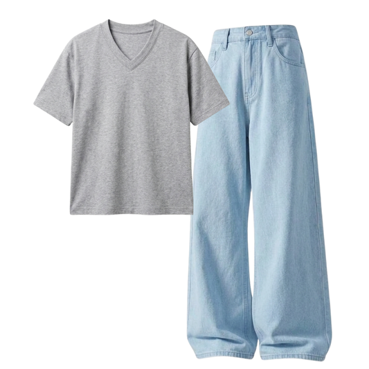 Iceblue Wide-Leg Baggy Jeans With V-Neck T-Shirt