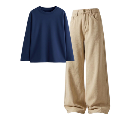 Beige Wide-Leg Baggy Jeans With Full Sleeves T-Shirt