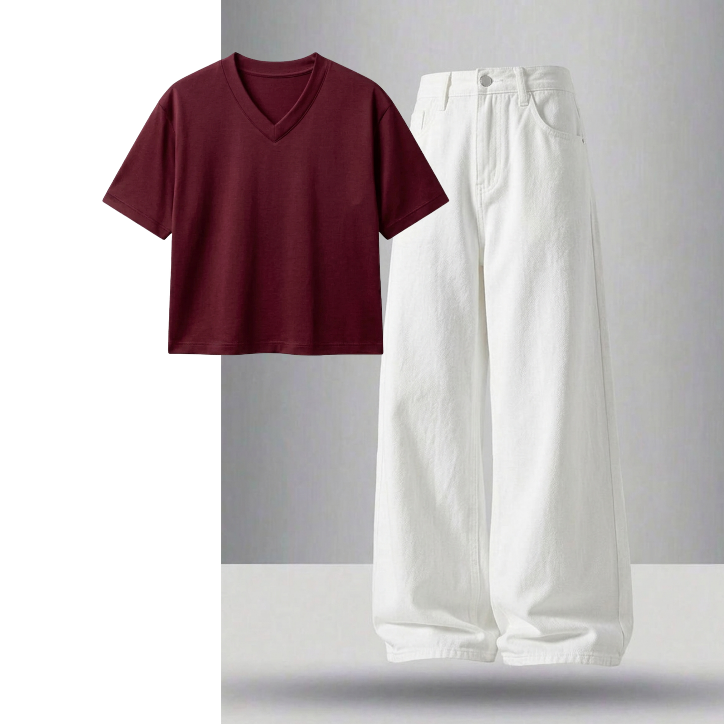 White Wide-Leg Baggy Jeans With Crop V-Neck T-Shirt
