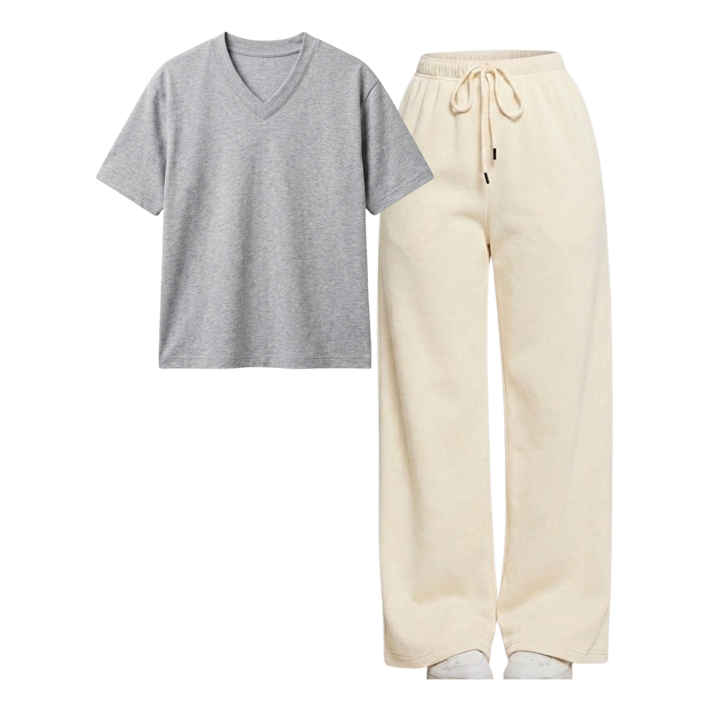 Beige Wide-Leg Trouser With V-Neck T-Shirt