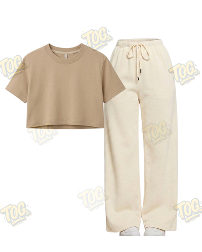 Beige Wide-Leg Trouser With Crop T-Shirts