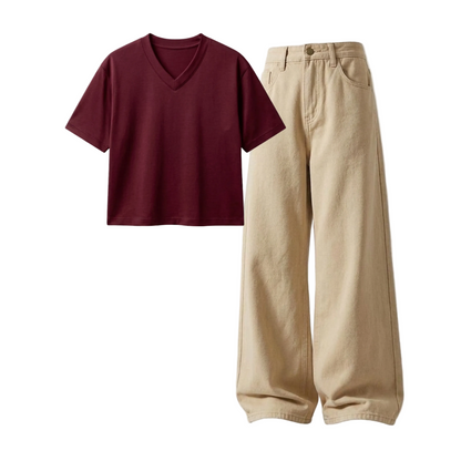 Beige Wide-Leg Baggy Jeans With Crop V-Neck T-Shirt