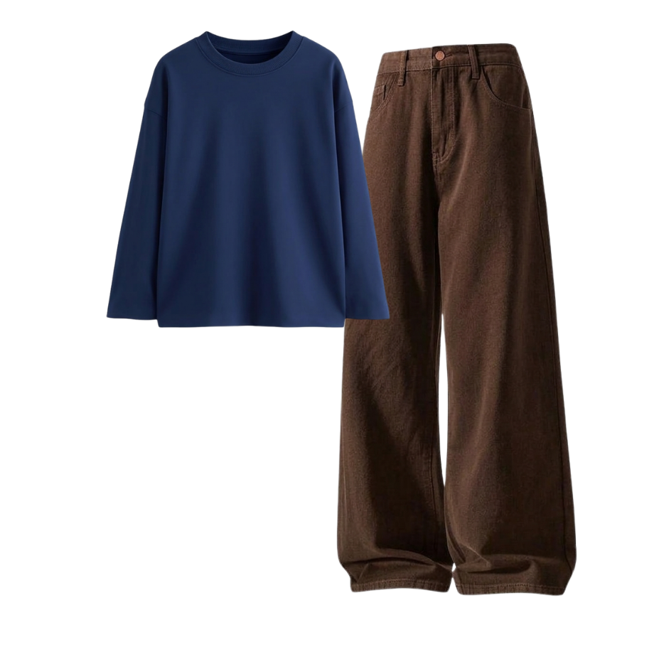 Brown Wide-Leg Baggy Jeans With Full Sleeves T-Shirt