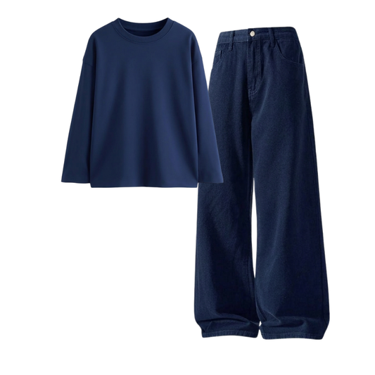 Darkblue Wide-Leg Baggy Jeans With Full Sleeves T-Shirt