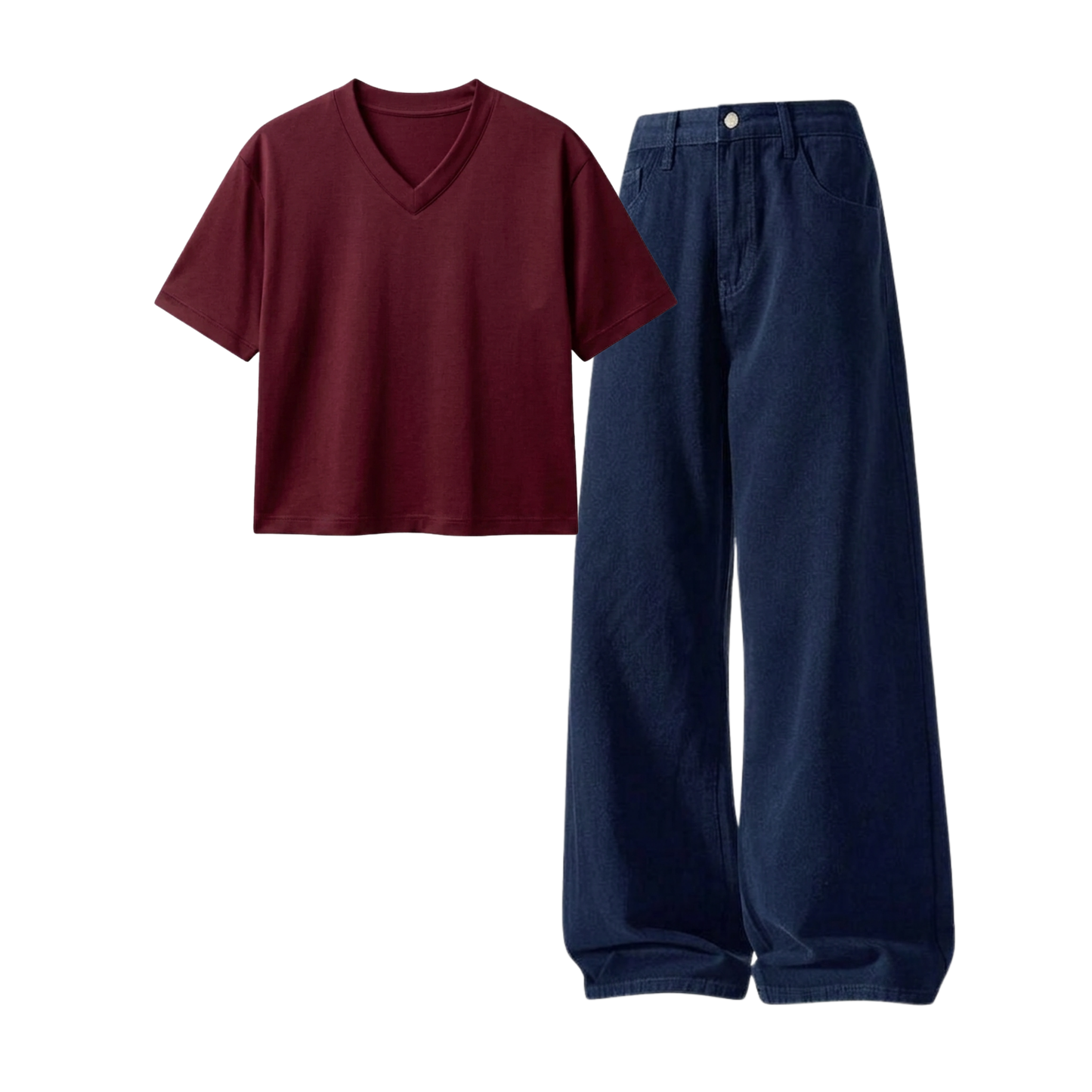 Darkblue Wide-Leg Baggy Jeans With Crop V-Neck T-Shirt