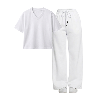 White Wide-Leg Trouser With Crop V-Neck T-Shirt